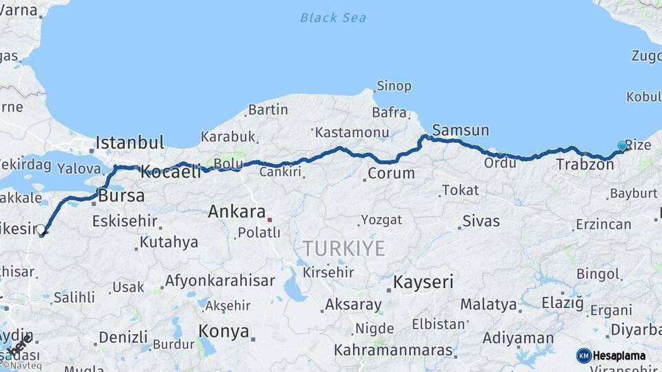 Rize Balıkesir Arası Kaç Km - Yol Haritası