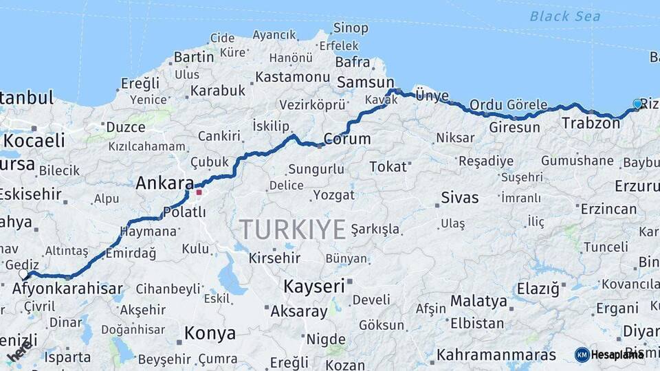 Rize Banaz Uşak Arası Kaç Km - Yol Haritası