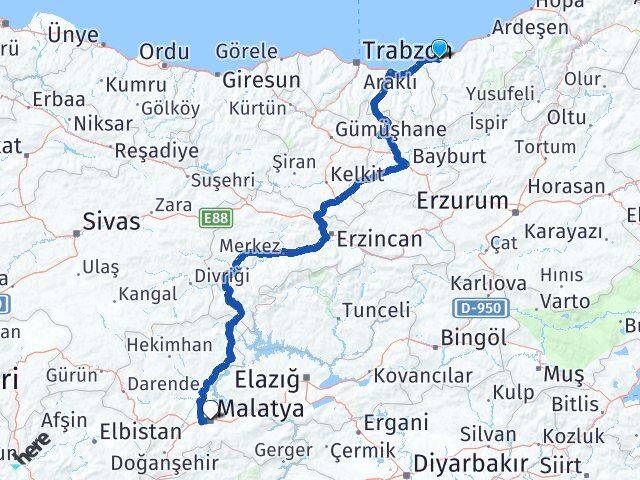 Rize Battalgazi Malatya Arası Kaç Km - Yol Haritası