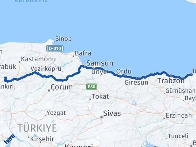 Rize Bayramören Çankırı Arası Kaç Km - Yol Haritası