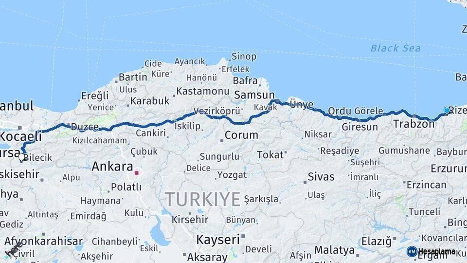 Rize Bilecik Arası Kaç Km - Yol Haritası