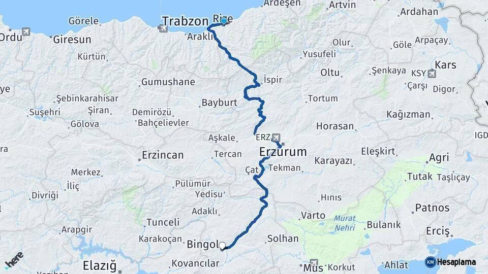 Rize Bingöl Arası Kaç Km - Yol Haritası