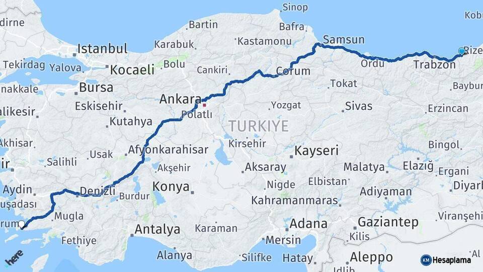 Rize Bodrum Muğla Arası Kaç Km - Yol Haritası