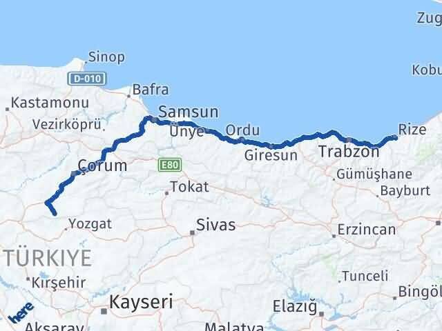 Rize Boğazkale Çorum Arası Kaç Km - Yol Haritası