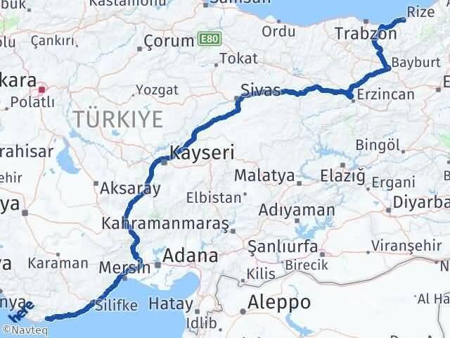 Rize Bozyazı Mersin Arası Kaç Km - Yol Haritası