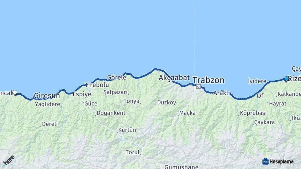 Rize Bulancak Giresun Arası Kaç Km - Yol Haritası