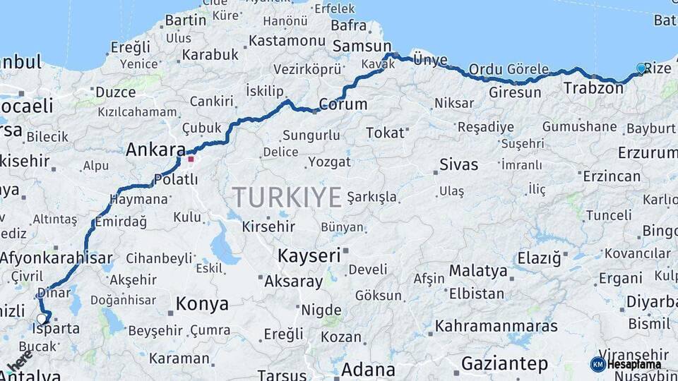 Rize Burdur Arası Kaç Km - Yol Haritası