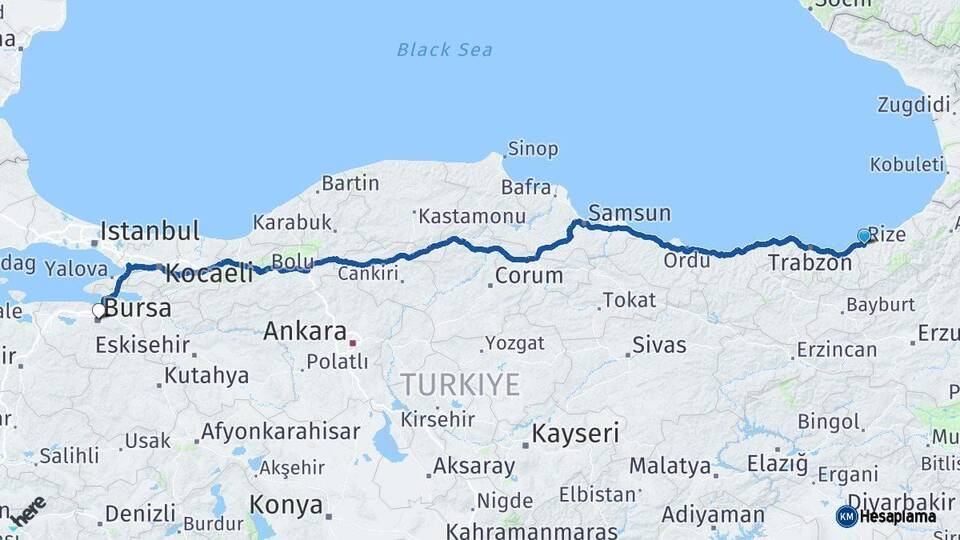 Rize Bursa Arası Kaç Km - Yol Haritası