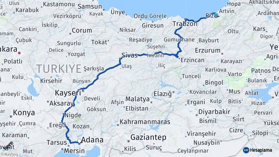 Rize Çamlıhemşin Adana Arası Kaç Km - Yol Haritası