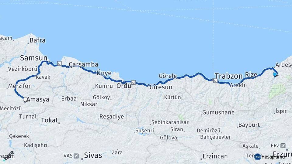 Rize Çamlıhemşin Amasya Arası Kaç Km - Yol Haritası