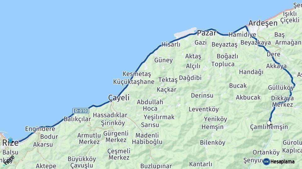 Rize Çamlıhemşin Arası Kaç Km - Yol Haritası