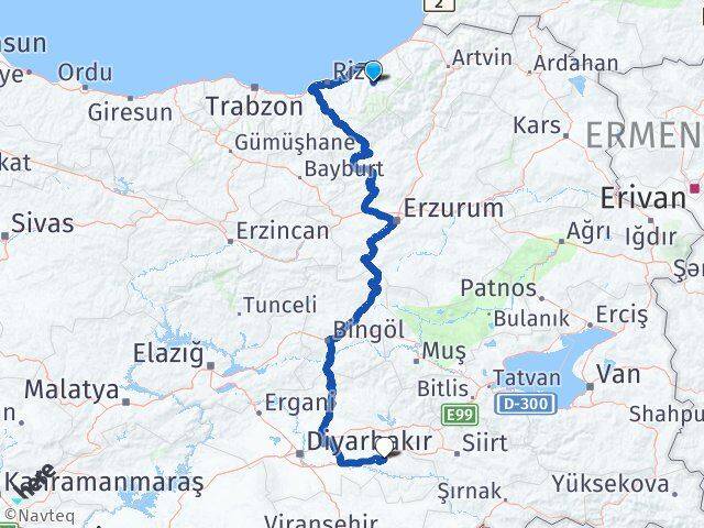 Rize Çamlıhemşin Batman Arası Kaç Km - Yol Haritası