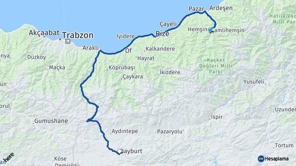 Rize Çamlıhemşin Bayburt Arası Kaç Km - Yol Haritası
