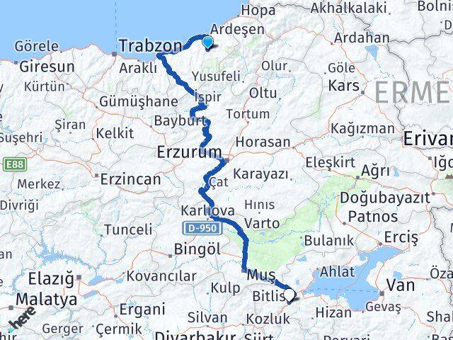 Rize Çamlıhemşin Bitlis Arası Kaç Km - Yol Haritası