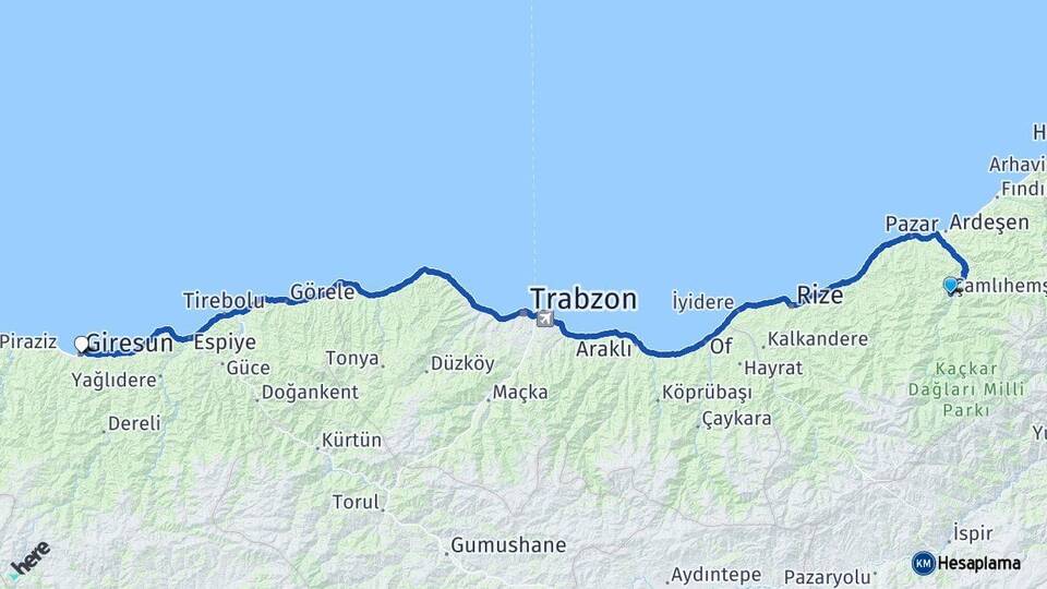 Rize Çamlıhemşin Giresun Arası Kaç Km - Yol Haritası