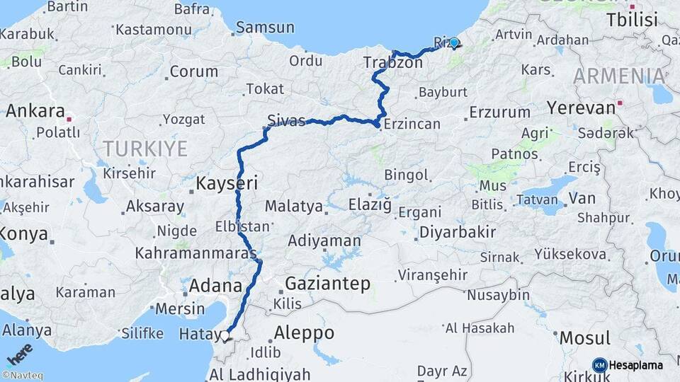 Rize Çamlıhemşin Hatay Arası Kaç Km - Yol Haritası