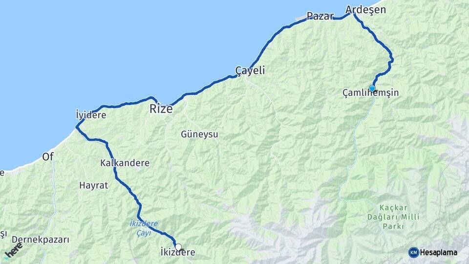 Rize Çamlıhemşin İkizdere Arası Kaç Km - Yol Haritası