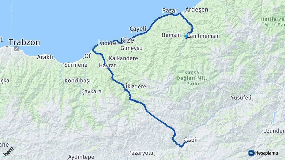 Rize Çamlıhemşin İspir Erzurum Arası Kaç Km - Yol Haritası