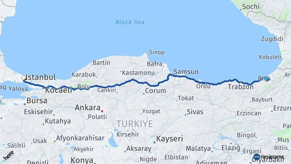 Rize Çamlıhemşin İstanbul Arası Kaç Km - Yol Haritası