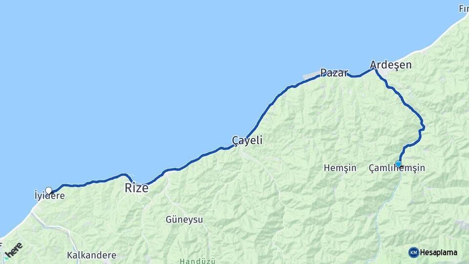 Rize Çamlıhemşin İyidere Arası Kaç Km - Yol Haritası