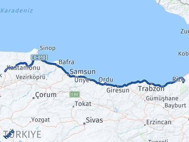 Rize Çamlıhemşin Kastamonu Arası Kaç Km - Yol Haritası