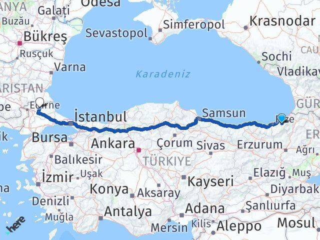 Rize Çamlıhemşin Kırklareli Arası Kaç Km - Yol Haritası