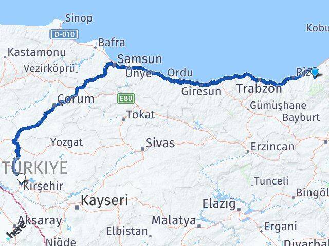 Rize Çamlıhemşin Kırşehir Arası Kaç Km - Yol Haritası