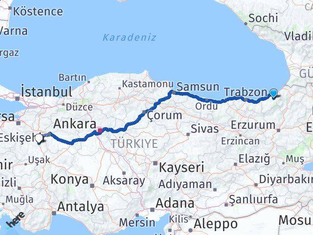 Rize Çamlıhemşin Kütahya Arası Kaç Km - Yol Haritası
