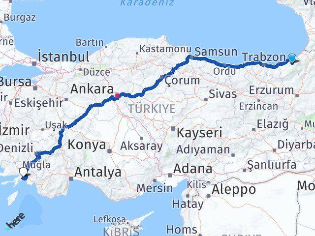 Rize Çamlıhemşin Muğla Arası Kaç Km - Yol Haritası