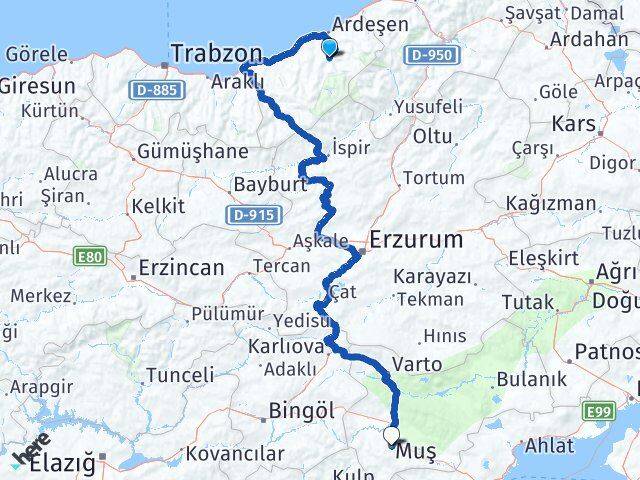 Rize Çamlıhemşin Muş Arası Kaç Km - Yol Haritası