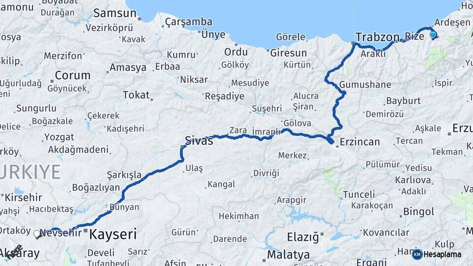 Rize Çamlıhemşin Nevşehir Arası Kaç Km - Yol Haritası