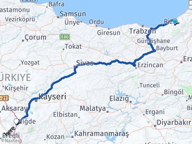 Rize Çamlıhemşin Niğde Arası Kaç Km - Yol Haritası