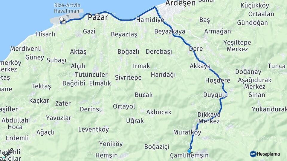 Rize Çamlıhemşin Rize-Artvin Havalimanı Arası Kaç Km - Yol Haritası