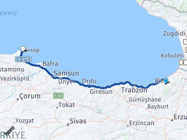 Rize Çamlıhemşin Sinop Arası Kaç Km - Yol Haritası