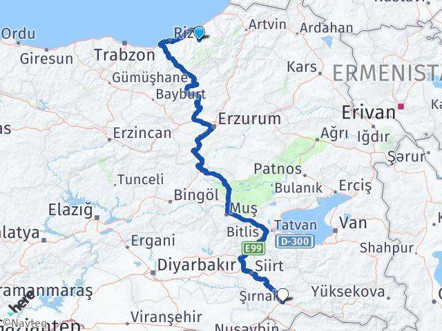 Rize Çamlıhemşin Şırnak Arası Kaç Km - Yol Haritası