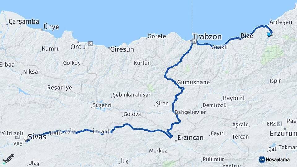 Rize Çamlıhemşin Sivas Arası Kaç Km - Yol Haritası