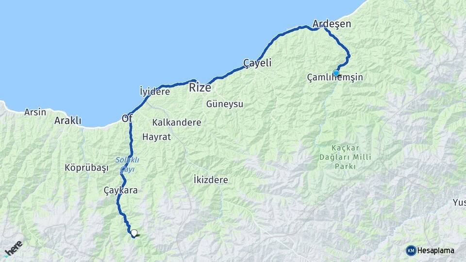 Rize Çamlıhemşin Uzungöl Çaykara Trabzon Arası Kaç Km - Yol Haritası