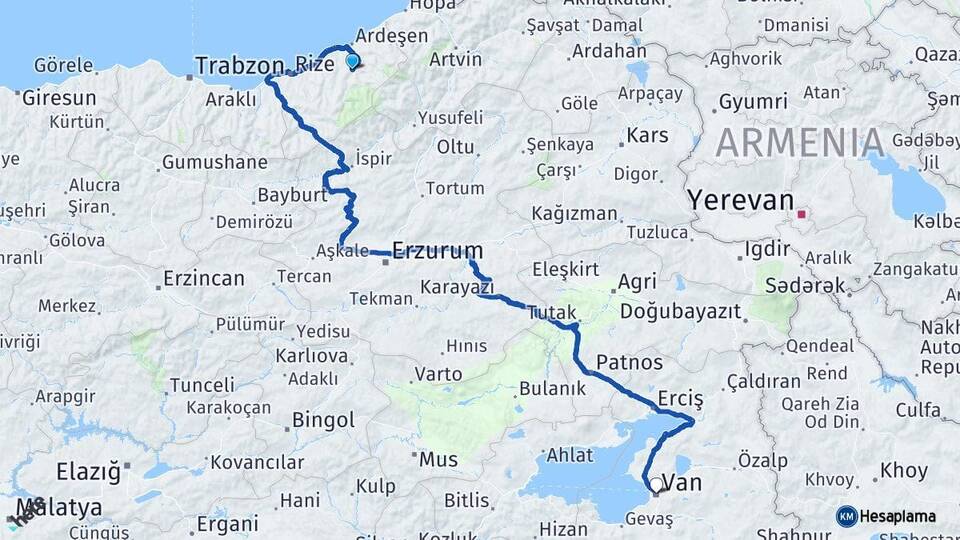 Rize Çamlıhemşin Van Arası Kaç Km - Yol Haritası