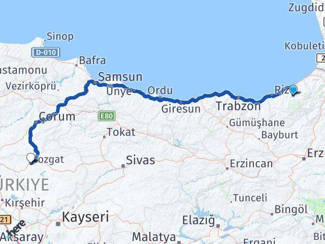 Rize Çamlıhemşin Yozgat Arası Kaç Km - Yol Haritası