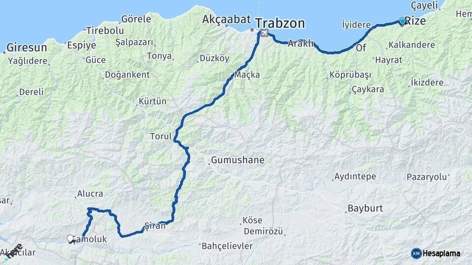 Rize Çamoluk Giresun Arası Kaç Km - Yol Haritası