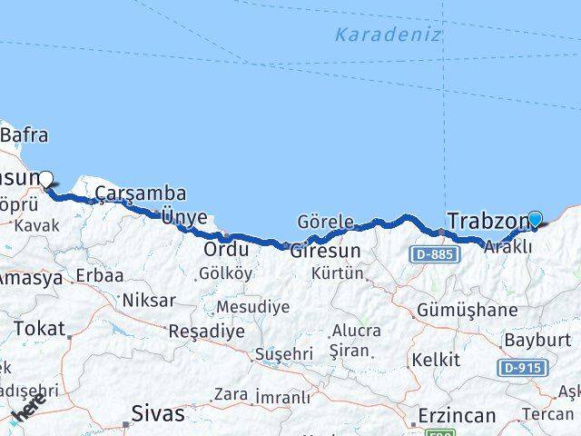 Rize Canik Samsun Arası Kaç Km - Yol Haritası