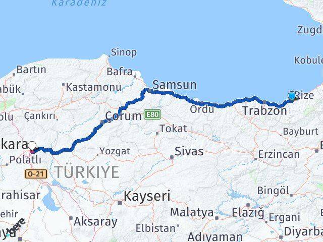 Rize Çankaya Ankara Arası Kaç Km - Yol Haritası