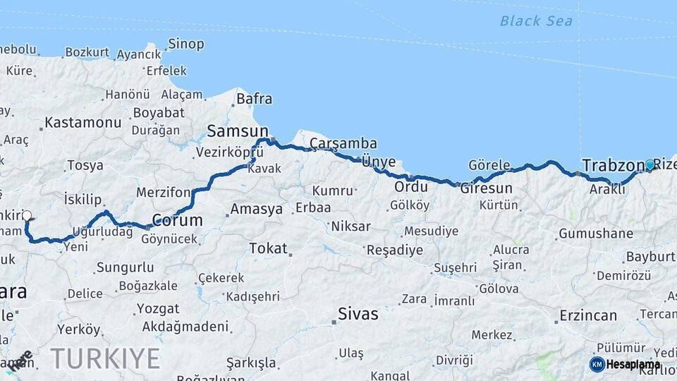 Rize Çankırı Arası Kaç Km - Yol Haritası