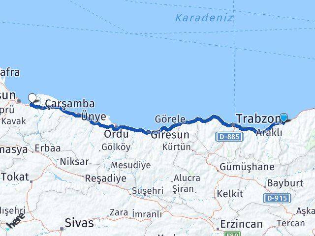 Rize Çarşamba Havalimanı Arası Kaç Km - Yol Haritası