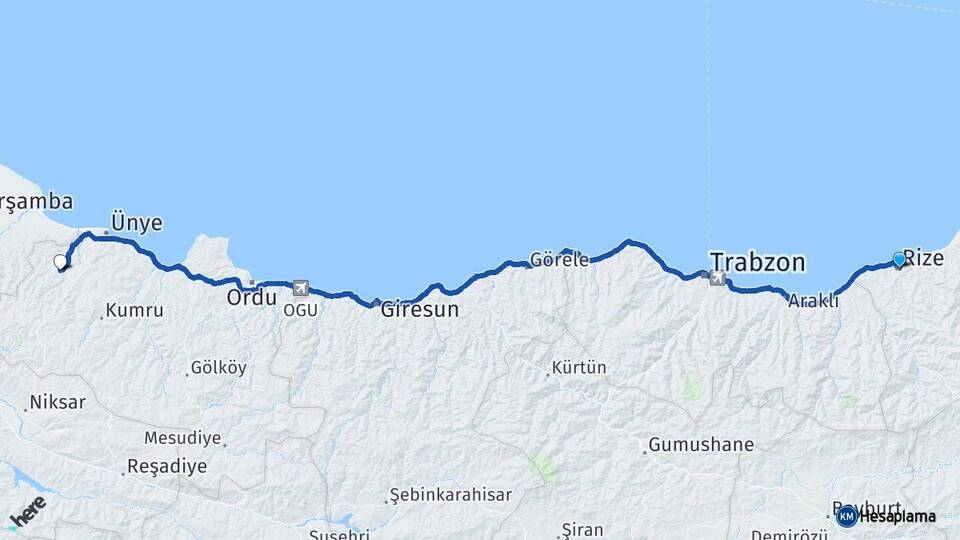 Rize Çaybaşı Ordu Arası Kaç Km - Yol Haritası