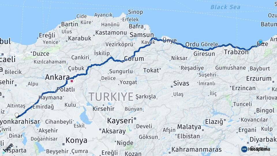 Rize Çayeli Afyonkarahisar Arası Kaç Km - Yol Haritası