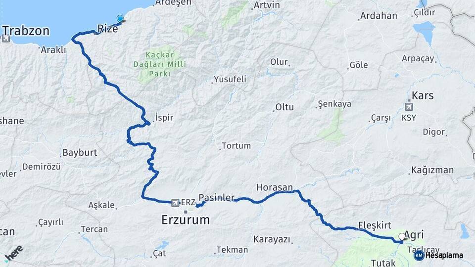 Rize Çayeli Ağrı Arası Kaç Km - Yol Haritası