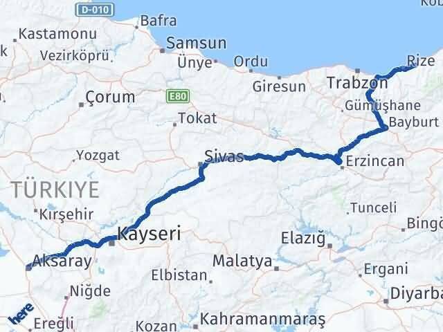 Rize Çayeli Aksaray Arası Kaç Km - Yol Haritası