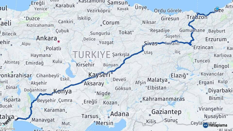 Rize Çayeli Antalya Arası Kaç Km - Yol Haritası