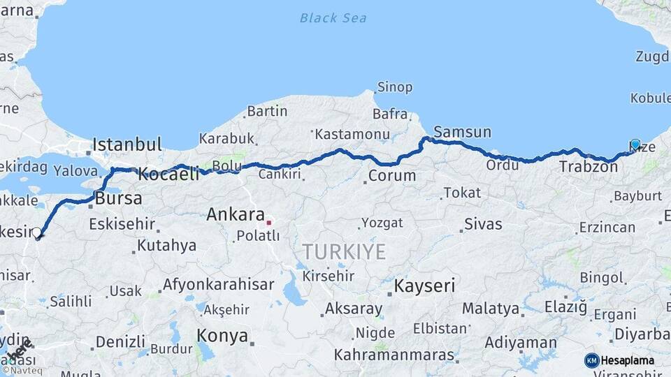 Rize Çayeli Balıkesir Arası Kaç Km - Yol Haritası